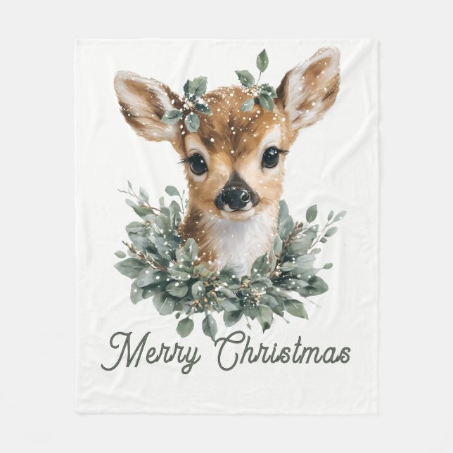 Niedliches Baby Deer Frohe Weihnachten - Aquarell  Fleecedecke (Vorderseite)