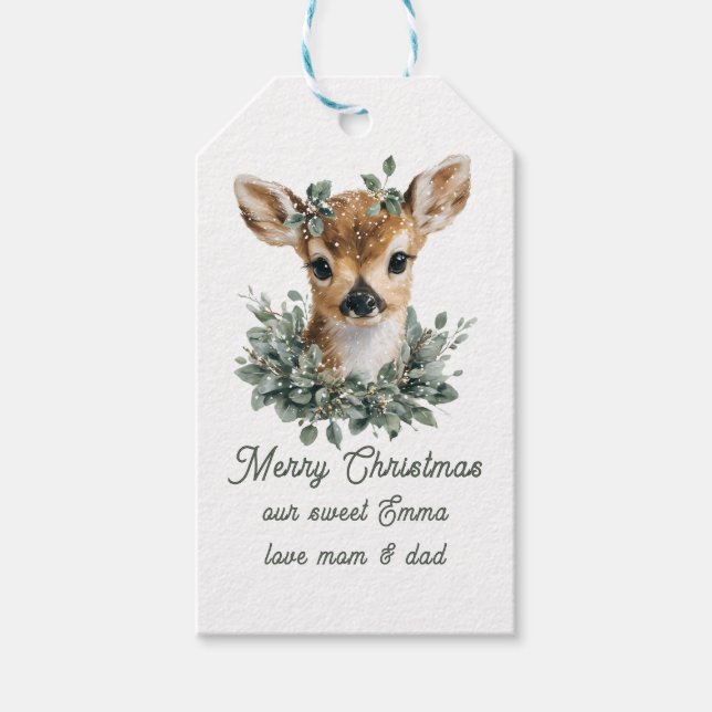 Niedliches Baby Deer Frohe Weihnachten - Aquarell  Geschenkanhänger (Vorderseite)