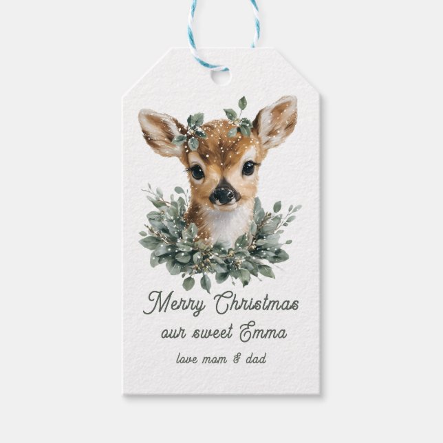 Niedliches Baby Deer Frohe Weihnachten - Aquarell  Geschenkanhänger (Vorderseite)