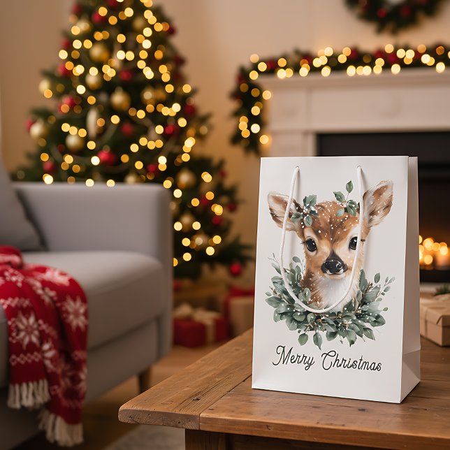Niedliches Baby Deer Frohe Weihnachten - Aquarell  Mittlere Geschenktüte (Von Creator hochgeladen)