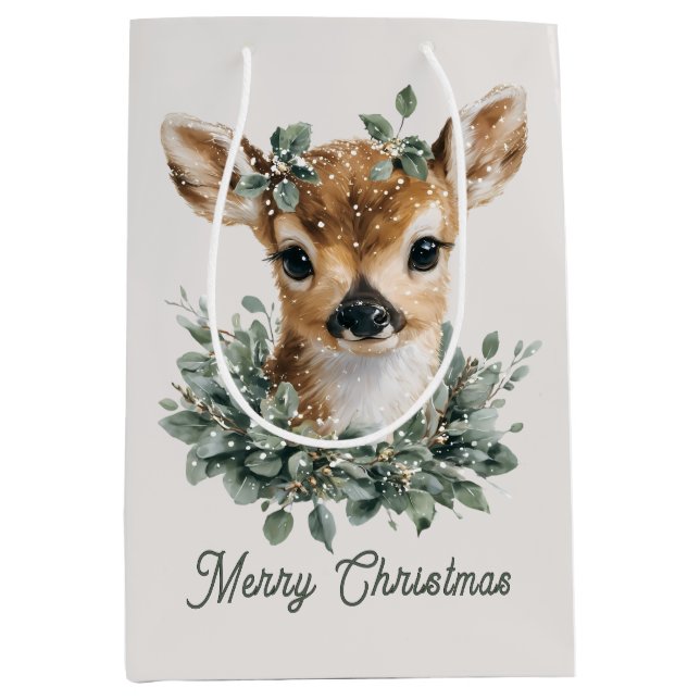 Niedliches Baby Deer Frohe Weihnachten - Aquarell  Mittlere Geschenktüte (Vorderseite)