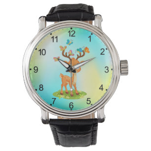 Niedliches Baby Deer Playing mit Butterfles-23475 Armbanduhr