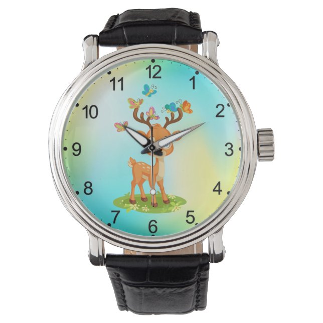 Niedliches Baby Deer Playing mit Butterfles-23475 Armbanduhr (Vorderseite)