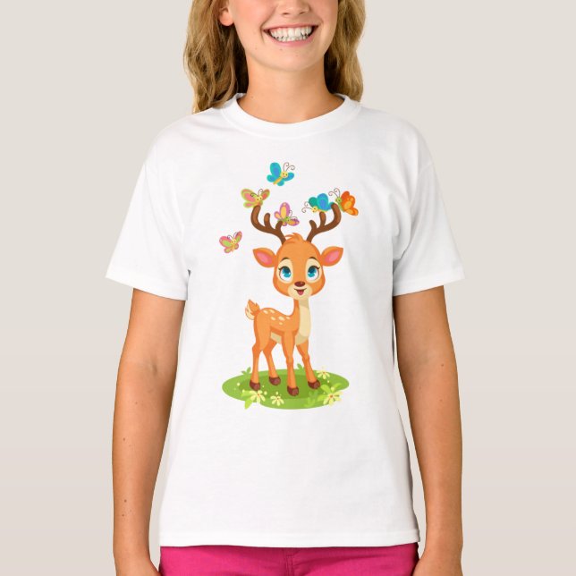 Niedliches Baby Deer Playing mit Butterfles-23475 T-Shirt (Vorderseite)