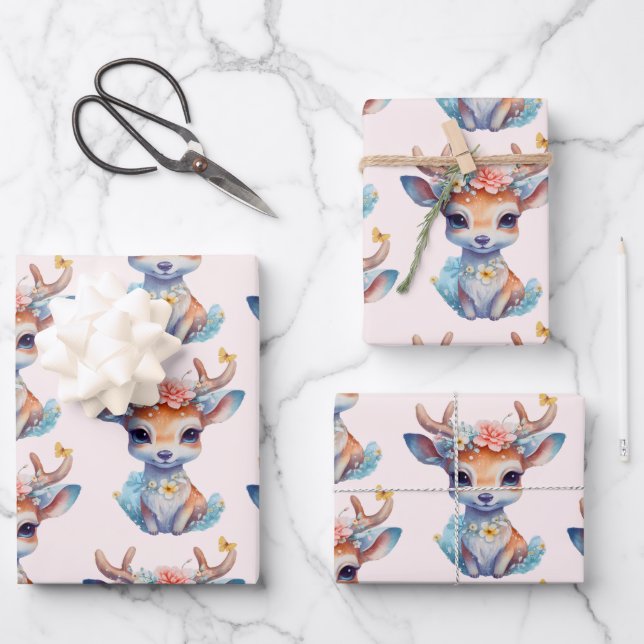 Niedliches Baby-Deh mit Antler- und Blume-Muster Geschenkpapier Set (Vorderseite)