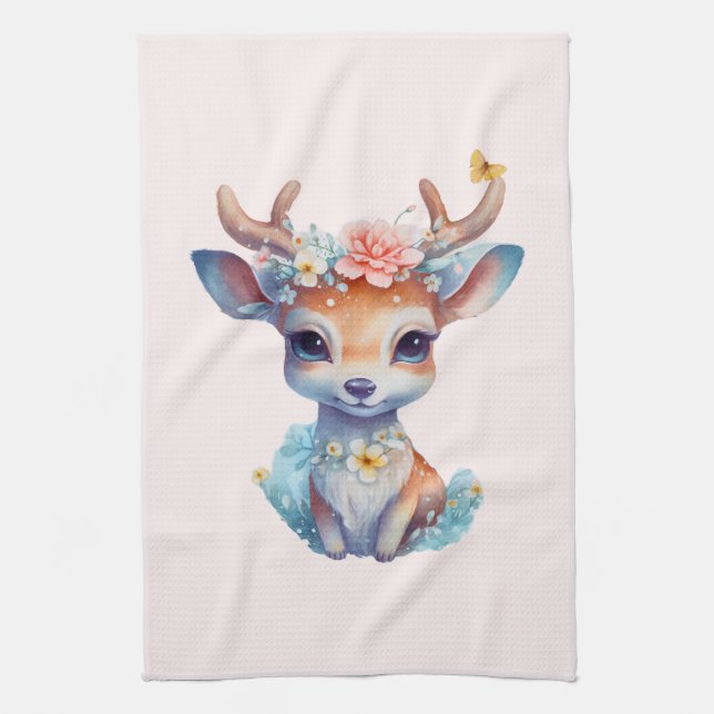Niedliches Baby Deh mit Antlern und Blume Geschirrtuch (Vertikal)