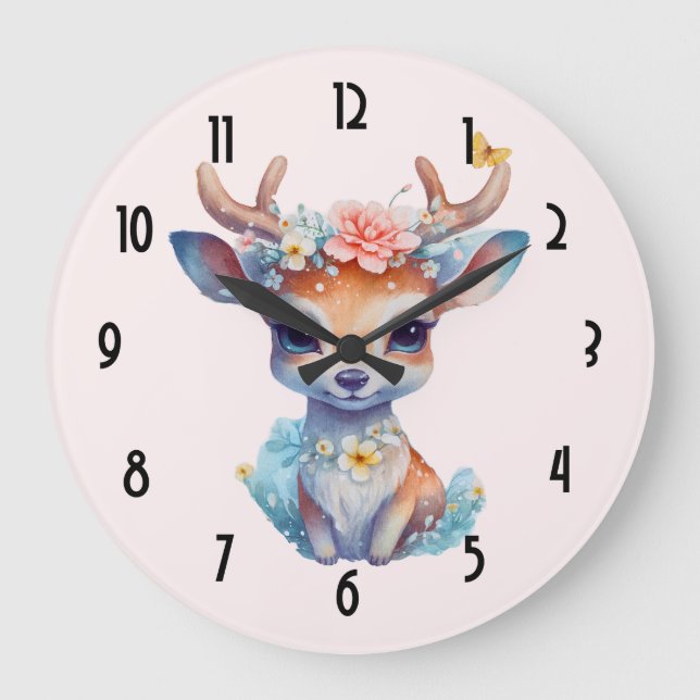 Niedliches Baby Deh mit Antlern und Blume Große Wanduhr (Vorderseite)