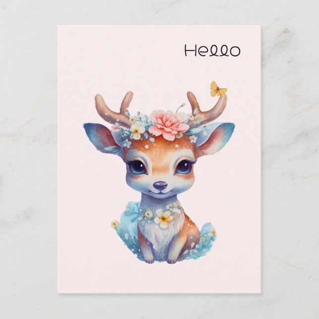 Niedliches Baby Deh mit Antlern und Blume Hallo Postkarte (Vorderseite)