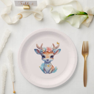 Niedliches Baby Deh mit Antlern und Blume Pappteller