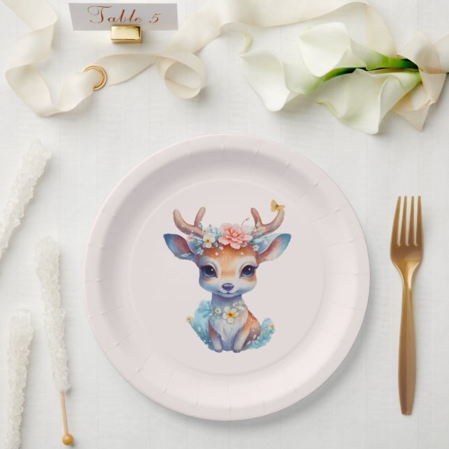 Niedliches Baby Deh mit Antlern und Blume Pappteller (Hochzeit)