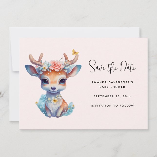Niedliches Baby Deh mit Antlern und Blume Save The Date (Vorderseite)