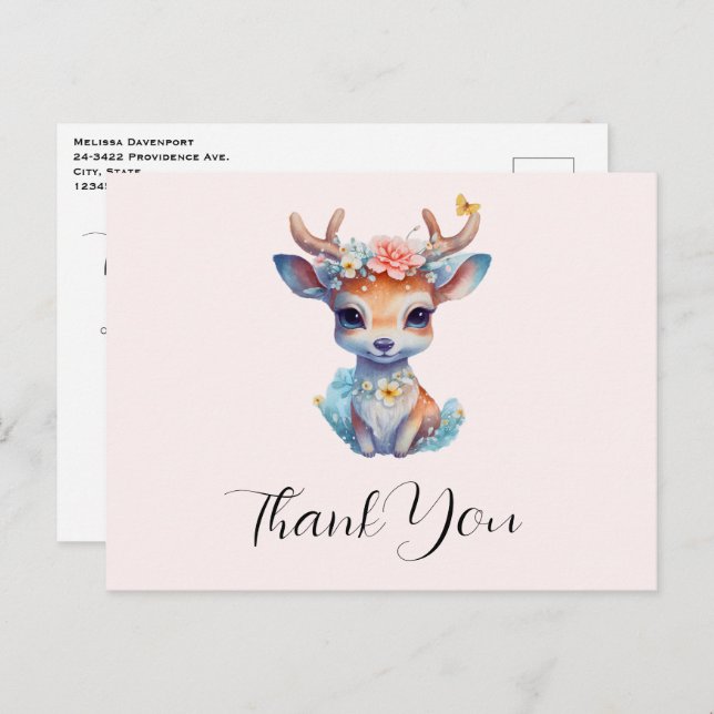 Niedliches Baby Deh mit Antlern und Blume Vielen D Postkarte (Vorne/Hinten)