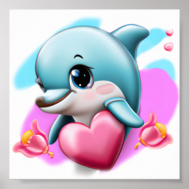 Niedliches Baby-Dolphin mit Valentiner Herz Poster (Vorne)