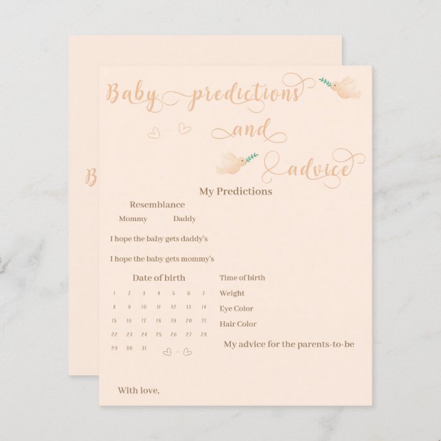 Niedliches Baby Dove Baby Shower Predictions Game (Vorne/Hinten)