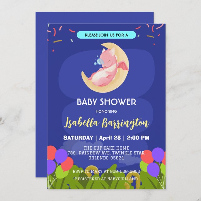 Niedliches Baby Dragon Dinosaurier Ballon Mädchen  Einladung (Vorne/Hinten)