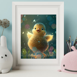 Niedliches Baby Duck Tanzen in der Regenkunst Poster