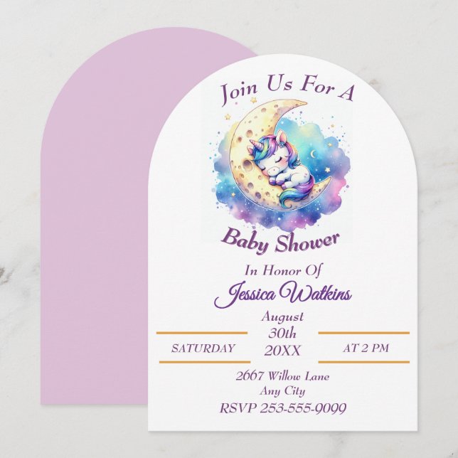 Niedliches Baby Einhornschlafen auf einem halben M Einladung (Vorne/Hinten)