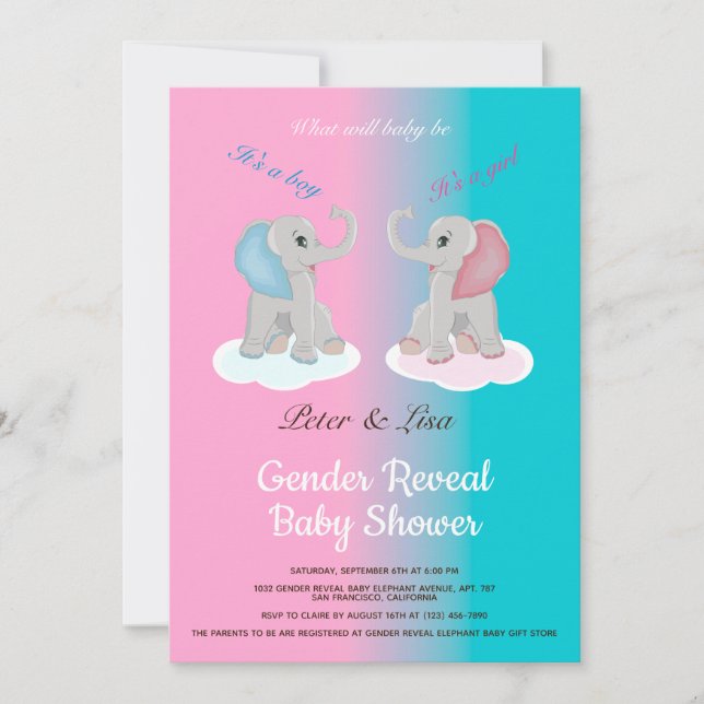 Niedliches Baby Elephant Gender Reveal Baby Shower Einladung (Vorderseite)