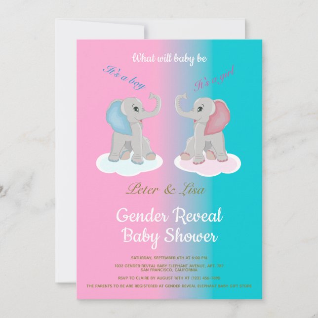 Niedliches Baby Elephant Gender Reveal Baby Shower Einladung (Vorderseite)