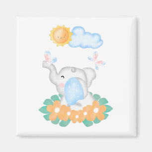 Niedliches Baby Elephant mit orangefarbenem Blume  Magnet