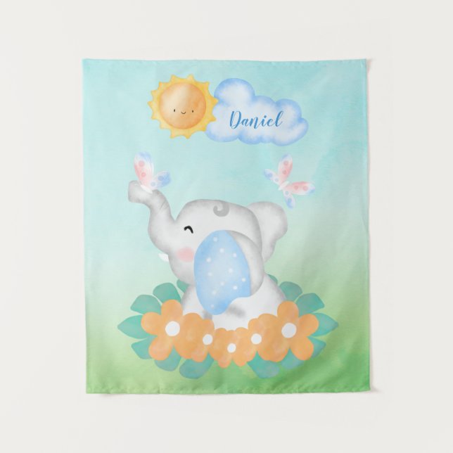 Niedliches Baby Elephant mit orangefarbenen Blume  Wandteppich (Vorderseite)