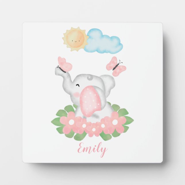 Niedliches Baby Elephant mit rosa Blume Plaque Fotoplatte (Vorderseite)