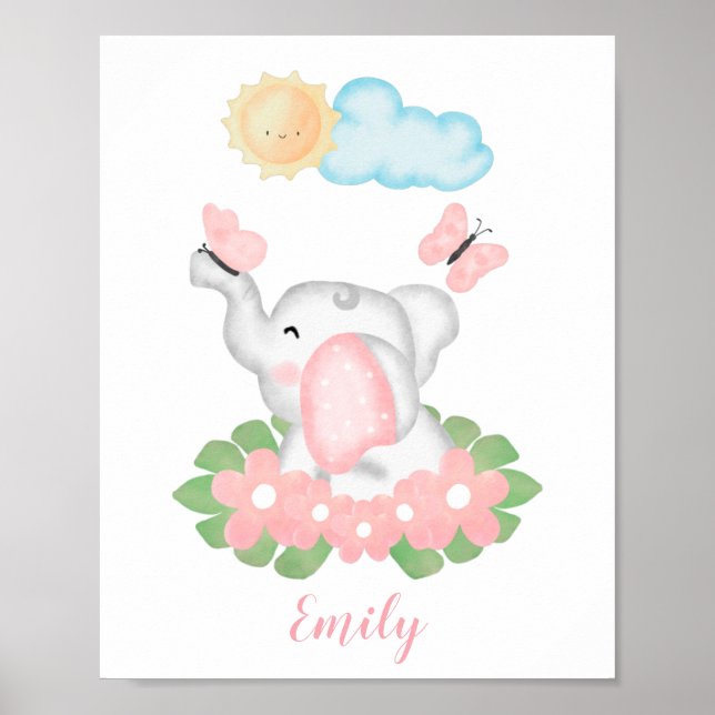 Niedliches Baby Elephant mit rosa Blume Poster (Vorne)
