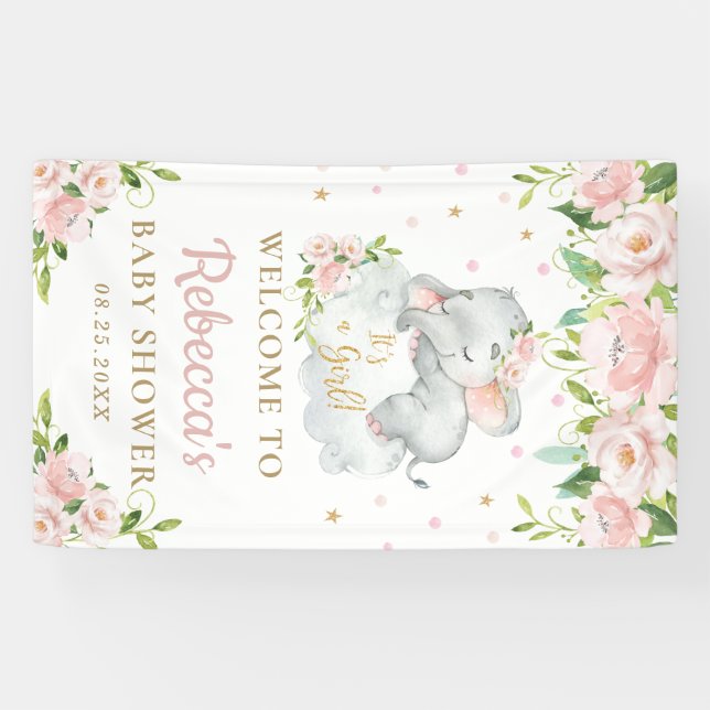 Niedliches Baby Elephant Rosa Flora Hintergrund Wi Banner (Horizontal)