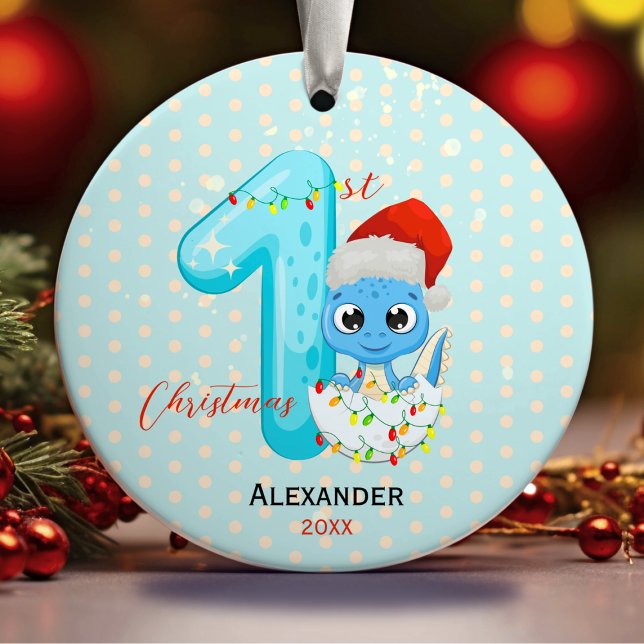 Niedliches Baby First Christmas Baby Dinosaurier Keramik Ornament (Von Creator hochgeladen)