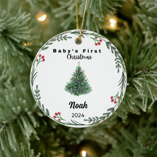Niedliches Baby First Christmas tree Watercolor Keramik Ornament (Baum)