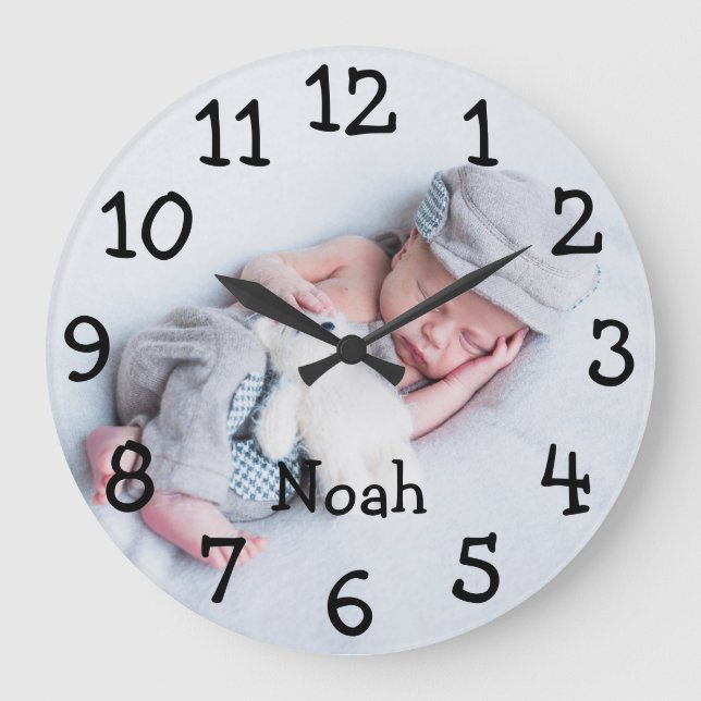 Niedliches Baby-Foto Personalisiert Name Große Wanduhr (Vorderseite)