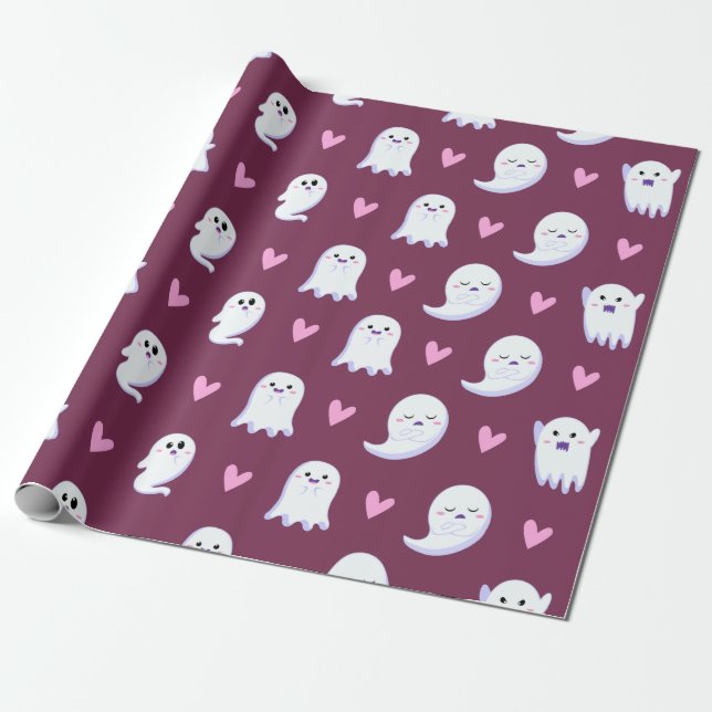 Niedliches Baby Ghost & Pink Herzmuster Spooky Fun Geschenkpapier (Ungerollt)