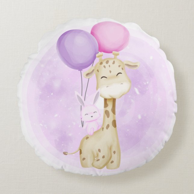 NIEDLICHES BABY GIRAFFE MIT BALLOONS SCHLAFEN RUNDES KISSEN (Vorderseite)