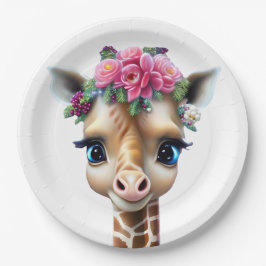 Niedliches Baby Giraffe mit Blume und Holly Pappteller