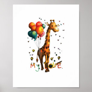 Niedliches Baby Giraffe mit farbenfrohen Balloons  Poster
