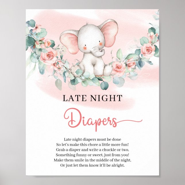 Niedliches Baby Girl Elephant Spate Night Diapers  Poster (Vorne)