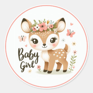 Niedliches Baby Girl Fawn mit Schmetterlingen und  Runder Aufkleber