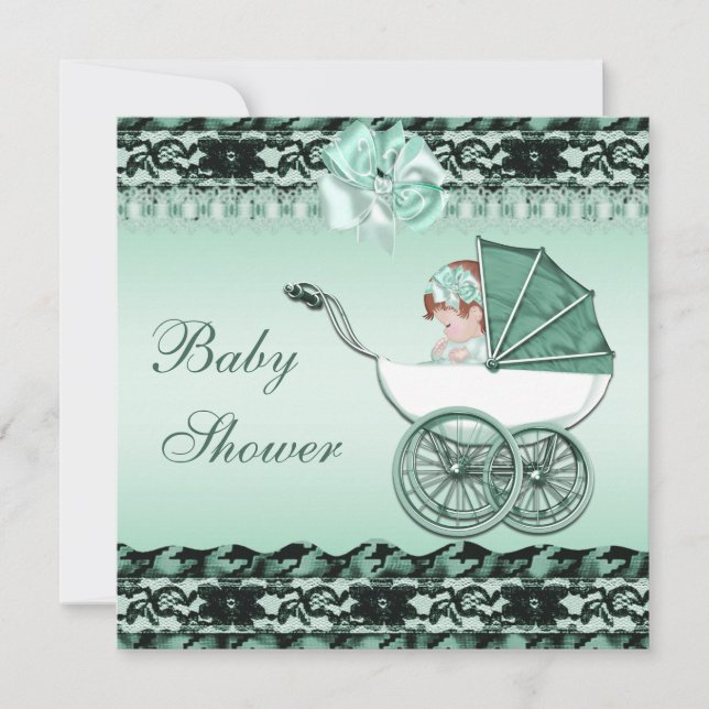 Niedliches Baby Girl in Green Carriage Baby Dusche Einladung (Vorderseite)