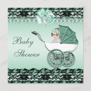 Niedliches Baby Girl in Green Carriage Baby Dusche Einladung