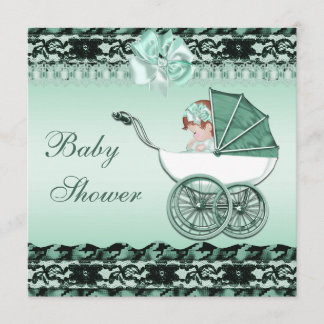 Niedliches Baby Girl in Green Carriage Baby Dusche Einladung