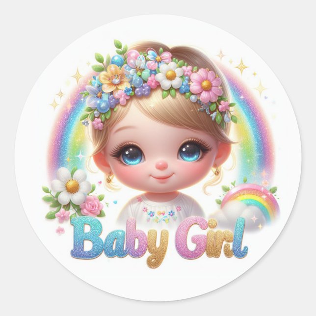 Niedliches Baby Girl mit Regenbogen und Blume Runder Aufkleber (Vorderseite)