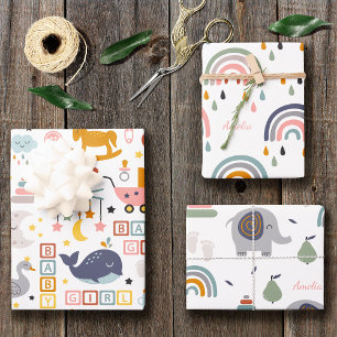 Niedliches Baby Girl Pink Muster mit Name Baby Dus Geschenkpapier Set