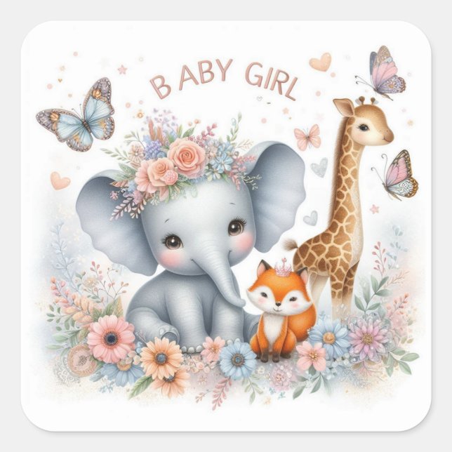 Niedliches Baby Girl Woodland Tiere mit Blume Quadratischer Aufkleber (Vorderseite)