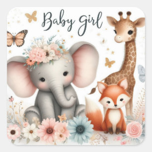 Niedliches Baby Girl Woodland Tiere mit Blume Quadratischer Aufkleber