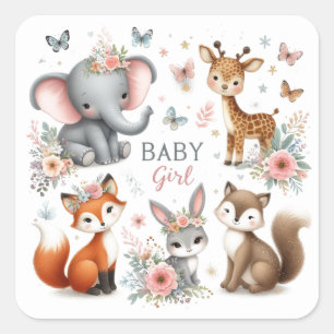 Niedliches Baby Girl Woodland Tiere mit Blume Quadratischer Aufkleber