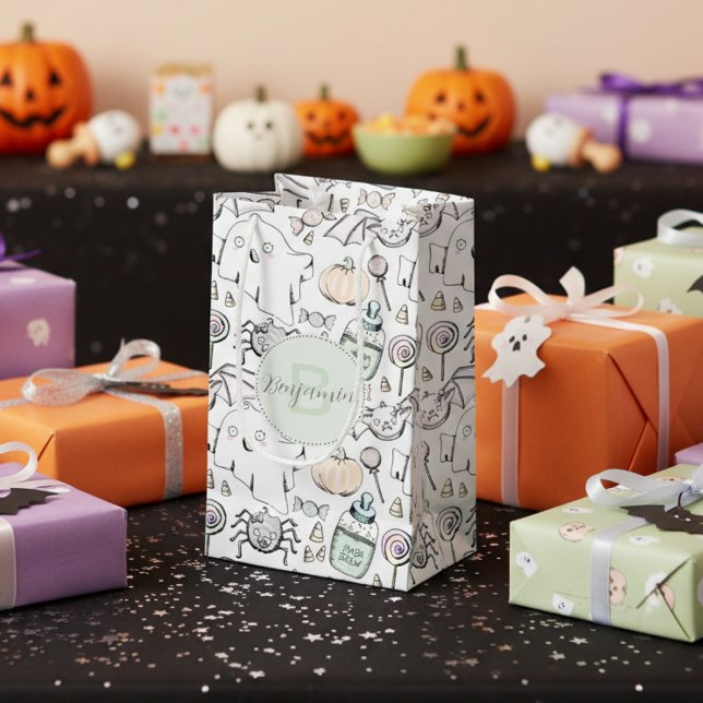 Niedliches Baby Halloween mit Pumpkins, Fledermäus Kleine Geschenktüte (Cute October Birthday Halloween Gift Bags. Ghost, Bats, Pumpkin, Pattern & Gender Neutral Monogram)