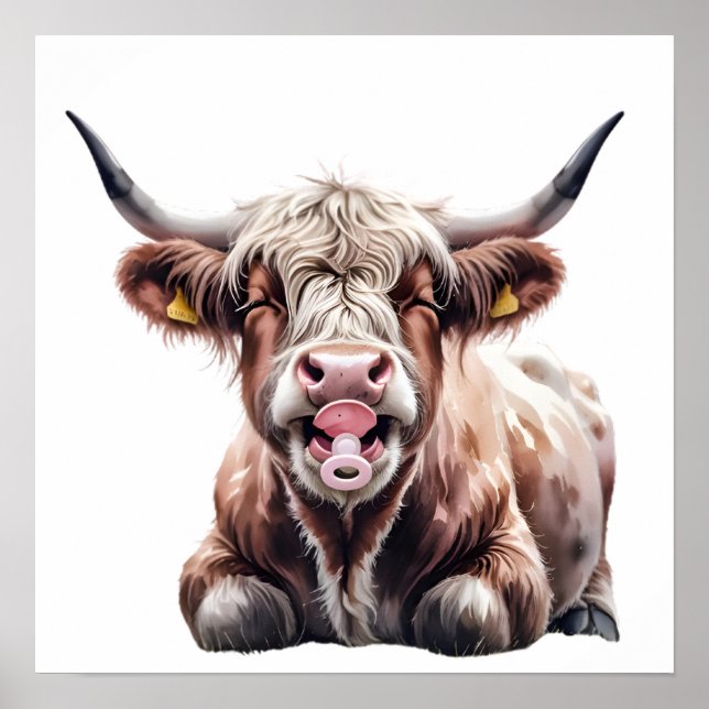 Niedliches Baby Highland Cow mit Blume - Kinderzim Poster (Vorne)