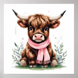 Niedliches Baby Highland Cow mit Blume - Kinderzim Poster