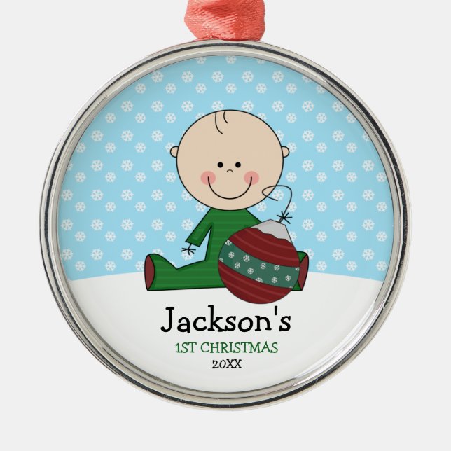 Niedliches Baby-Jungen-1. Weihnachten Silbernes Ornament (Vorne)