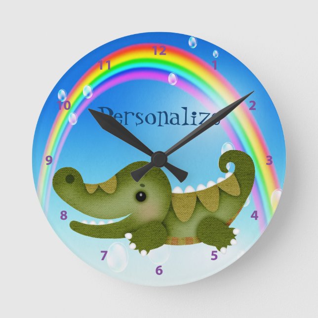 Niedliches Baby-Krokodil u. Regenbogen-Uhr Runde Wanduhr (Vorderseite)